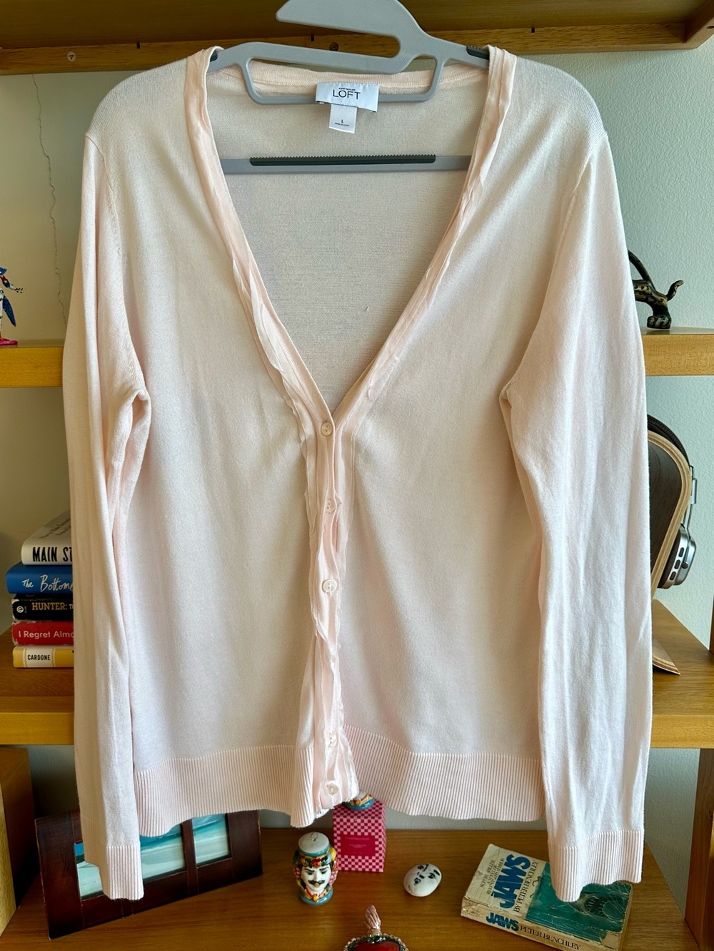 LOFT Light Pink Button-Front V-Neck Lightweight Cotton Cardigan - size L